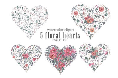 Watercolor floral hearts clipart. Love png illustration