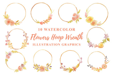 10 Watercolor Flowers Hoop Wreath Illustration Graphics