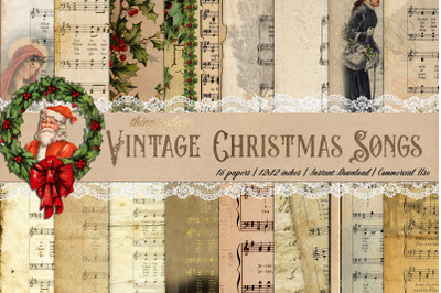 16 Vintage Christmas Old Music Sheet Digital Papers 12x12&quot;