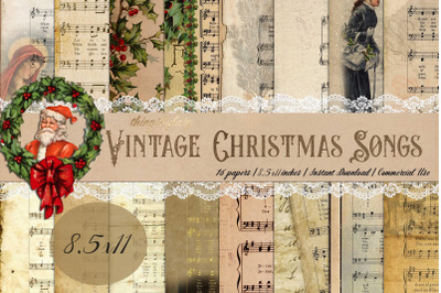 16 Vintage Christmas Old Music Sheet Digital Papers 8.5x11&quot;