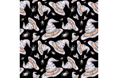 Wizard hat watercolor seamless pattern. Halloween pattern