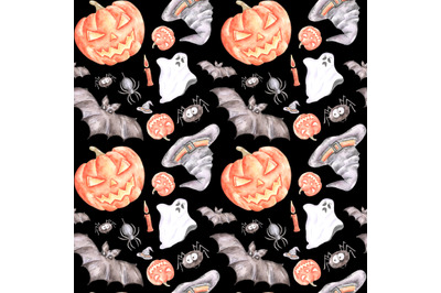 Happy Halloween watercolor seamless pattern. Halloween pattern