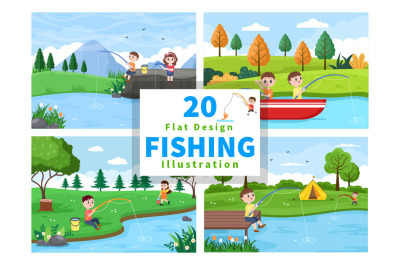 20 Children Fishing Fish Vector Illustration