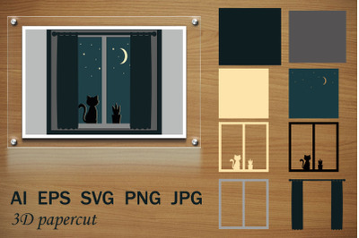 Kitten on the window&2C; papercut SVG by layers