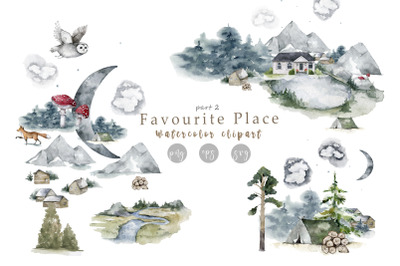 Favorite place part 2. Watercolor travel set . Forest, wild animals