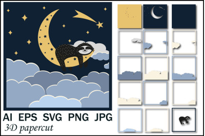 Cute Sloth character sleeps on the Moon&2C; papercut SVG