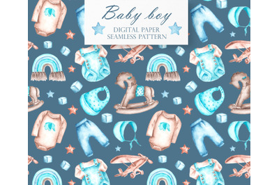 Newborn boy watercolor digital paper (seamless pattern). Boy pattern.