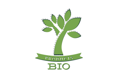 Bio product label with green tree and ribbon