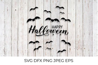 Happy Halloween lettering with silhouette of spiders and bats