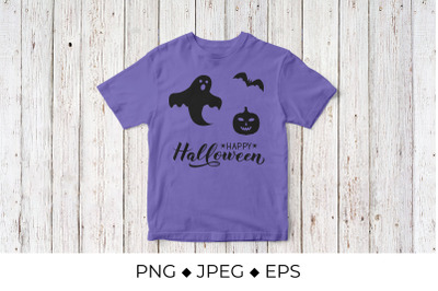 Happy Halloween lettering with silhouette of pumpkin, bat, ghost and s