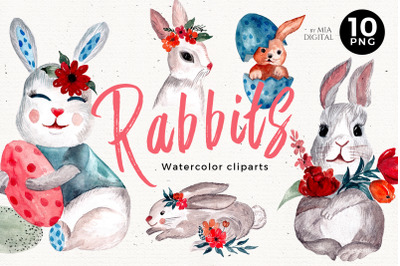 Pet Rabbit Watercolor Cliparts PNG, Bunnies with Flowers and Eggs