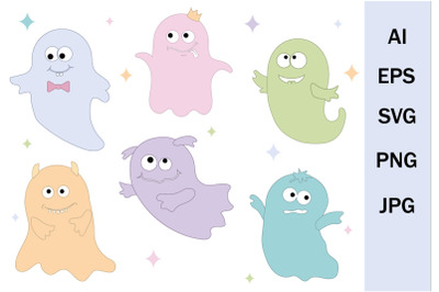 Ghosts with cute faces for the Halloween holiday, clipart