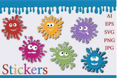 Stickers and clip art color blots monsters