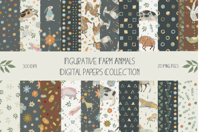Figurative Farm Animals. Digital Papers PNG.