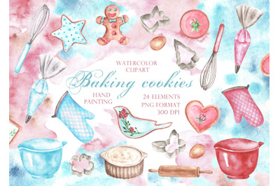 Baking cookies watercolor clipart. Pastry shop, cookbook, homemade