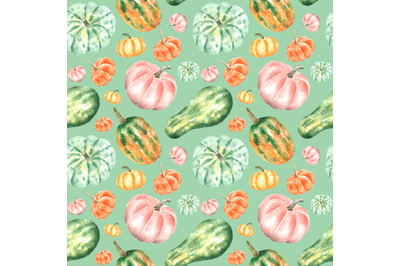 Pumpkins watercolor seamless pattern. Thanksgiving pattern. Pink