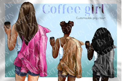 Coffee Girl Clipart, Customizable PNG, Fashion Girl, Denim Girl