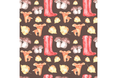 Autumn forest watercolor seamless pattern. Mushroom picking. Farmer