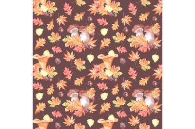 Forest mushrooms watercolor seamless pattern. Mushroom. Leaf fall