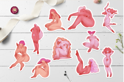 Pink Girls Stickers, Hand drawn Female Clipart