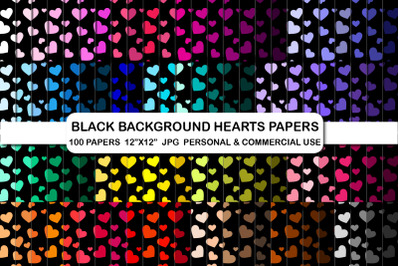 Black background hearts digital papers pack, Love Digital papers