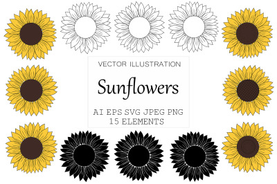 Sunflowers graphics. Sunflowers silhouettes. Sunflowers SVG