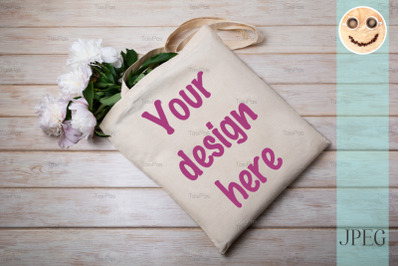 Rustic tote bag mockup with white pink peony