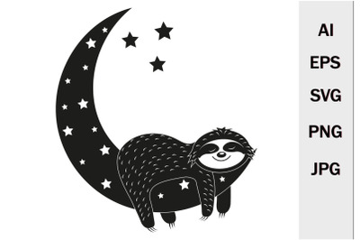 Cute Sloth Character sleeps on the Moon, SVG