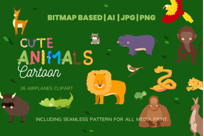 Cute 26 Animals Clipart Set Plus Seamless Pattern