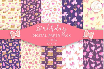 Happy Birthday Digital Paper. Cute Watercolor Party Patterns