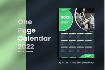 Dark Green One Page Calendar 2022