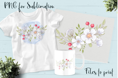 White Flowers sublimation. Design for printing.