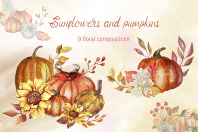 Autumn clipart Sunflower bouquet sublimation Pumpkin png
