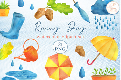 Fall Clipart PNG. Watercolor Umbrella, Clouds, Raindrops, Oak