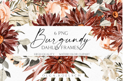 Boho burgundy floral frames clipart, Watercolor burgundy and blush