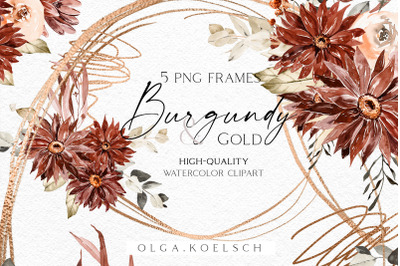Boho burgundy floral frame clipart, Gold flower frame png, Burgundy