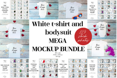 White T-shirt and bodysuit mega mockup bundle. 129 stock photos.