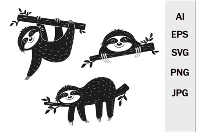 Cute Characters Sloths on a Tree set&2C; Black Stencil&2C; SVG