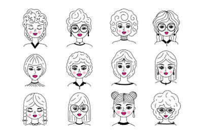 Women faces in doodle style