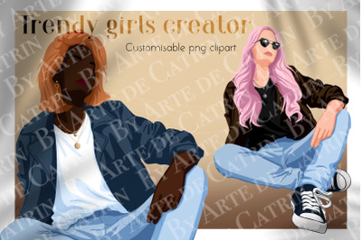 Trendy Girls Creator, Customizable PNG, Sitting Girl, Female, Woman, Flat Style