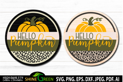 Fall SVG-Hello Pumpkin Round Sign Animal Print