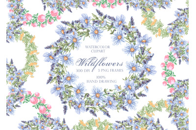 Wildflowers wreath. Watercolor clipart. Meadow flowers. Wildflowers