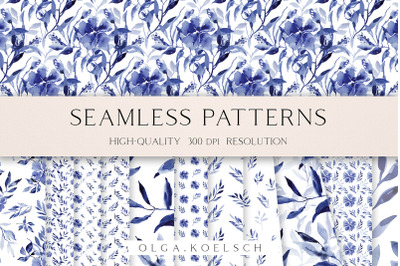 Blue floral seamless pattern fabric, Watercolor navy blue digital png