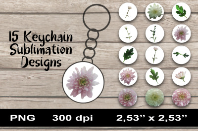 15 Chrysanthemum Keychain Sublimation PNG. Flowers and leaves.