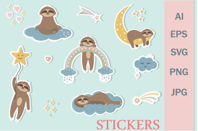 Cute characters sloths in the sky&2C; stickers