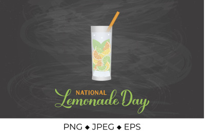 National Lemonade Day calligraphy lettering with glass of refreshing d