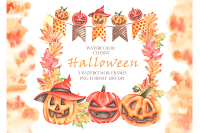 Halloween pumpkins watercolor frames. Halloween watercolor clipart.