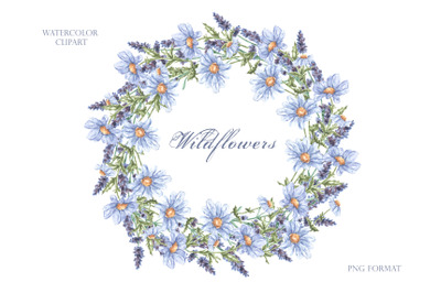 Chamomile and lavender watercolor wreath. Wildflowers. Meadow flowers