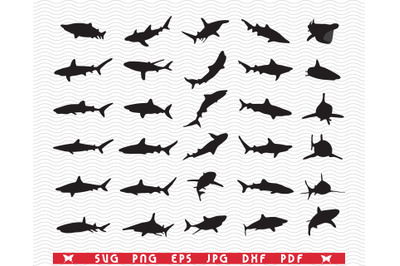 SVG Sharks, Fish, Black Silhouettes, Digital clipart