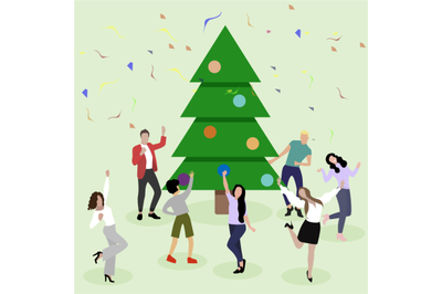 Happy new year, people dance and enjoy around chrismas tree